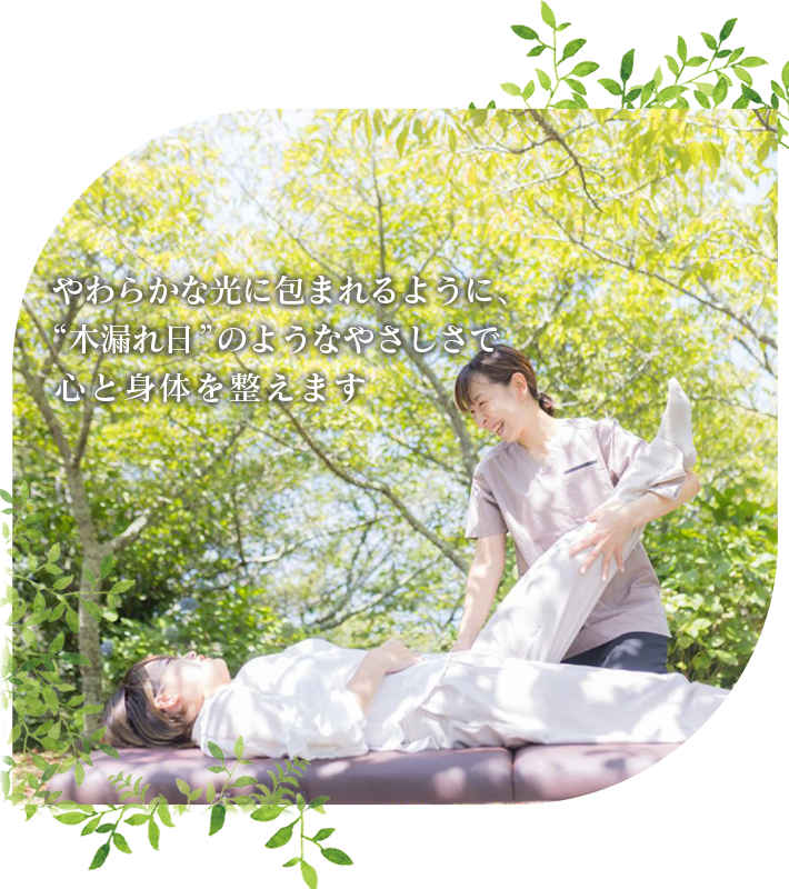 やわらかな光に包まれるように、木漏れ日のようなやさしさで心と身体を整えます